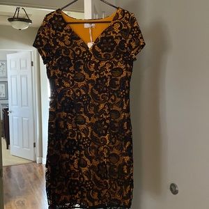 Black lace knit dress with mustard color lining.